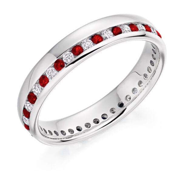 Ruby and Diamond Round Brilliant Channel Set Full Eternity Ring with 100% Diamond Coverage