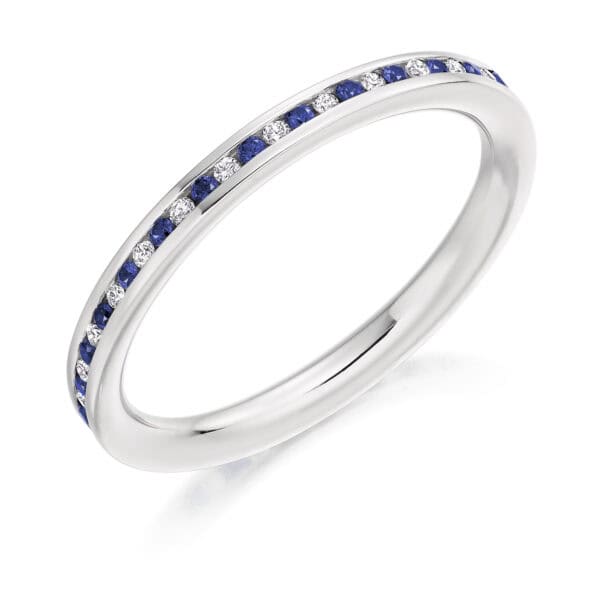 Blue Sapphire and Diamond Round Brilliant Channel Set Full Eternity Ring with 100% Diamond Coverage
