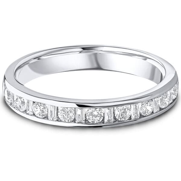Channel Set, Round Brilliant, Baguette Cut Diamond Eternity Ring with 50% Diamond Coverage, 3.3 mm Width