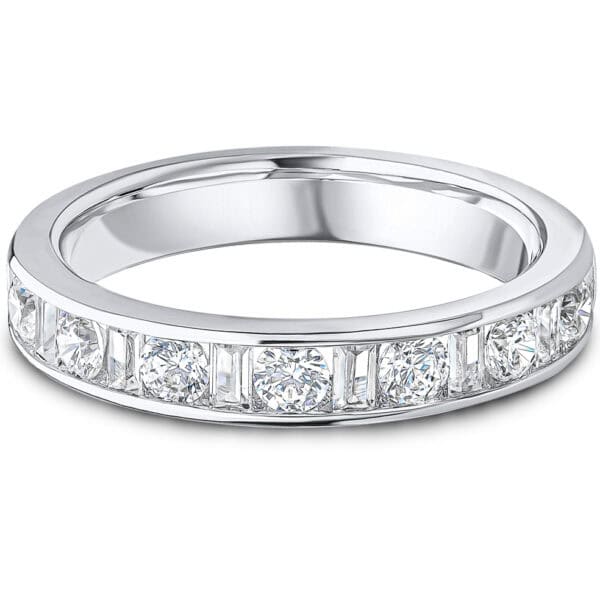 Channel Set, Round Brilliant, Baguette Cut Diamond Eternity Ring with 40% Diamond Coverage, 3.7 mm Width