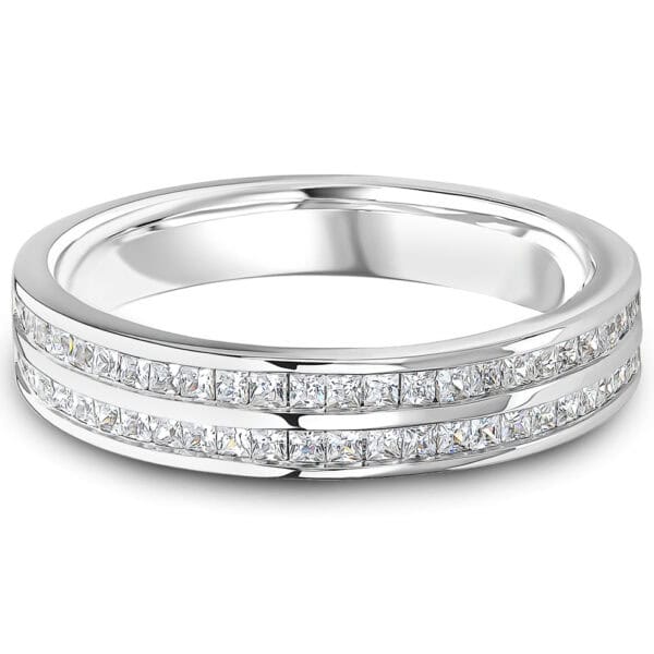 Double Row Channel Set, Princess Cut Diamond Eternity Ring with 75% Diamond Coverage, 4 mm Width