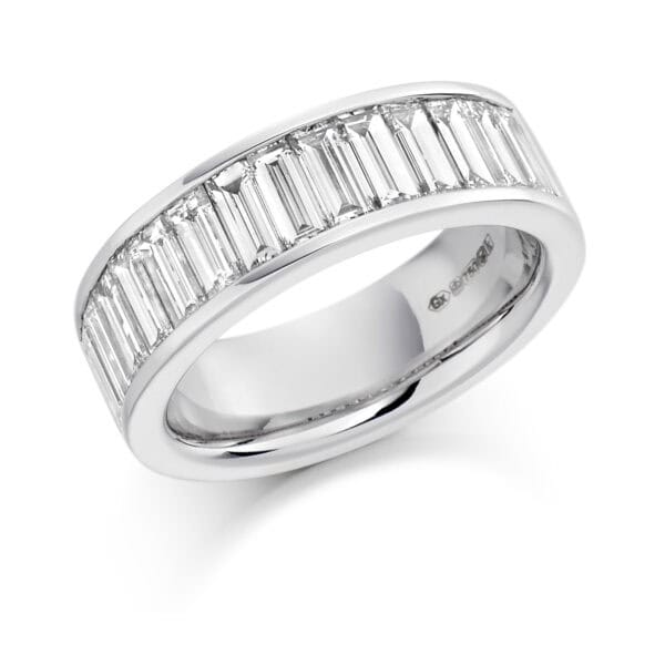 Baguette Cut Diamond Eternity Style Ring, Channel Set with 45% Diamond Coverage, 6.6mm 2 Carat Total Diamond Weight