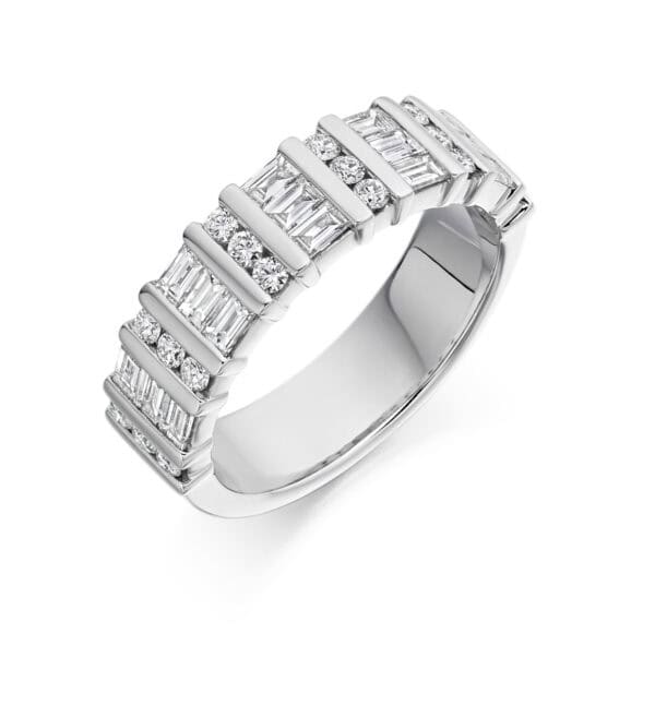 Round Brilliant & Baguette Cut Diamond Eternity Style Ring, Triple Row Invisible & Bar Set with 50% Diamond Coverage, 5.8mm 1.25 Carat Total Diamond Weight