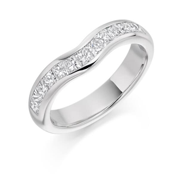 Curved and Shaped Style, Channel Set, Princess Cut Diamond Eternity Ring with 40% Diamond Coverage, 4.1 mm Width