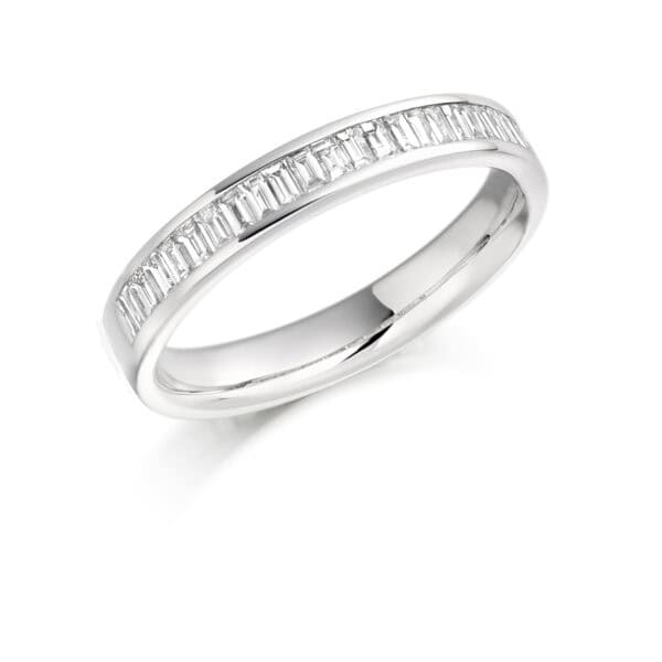 Baguette Cut Diamond Eternity Style Ring, Channel Set with 50% Diamond Coverage, 3.35mm 0.6 Carat Total Diamond Weight