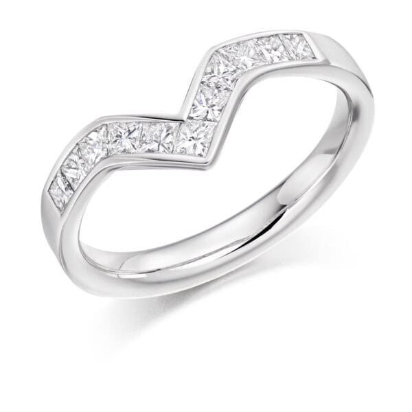Curved and Shaped Style, Channel Set, Princess Cut Diamond Eternity Ring with 30% Diamond Coverage, 3 mm Width
