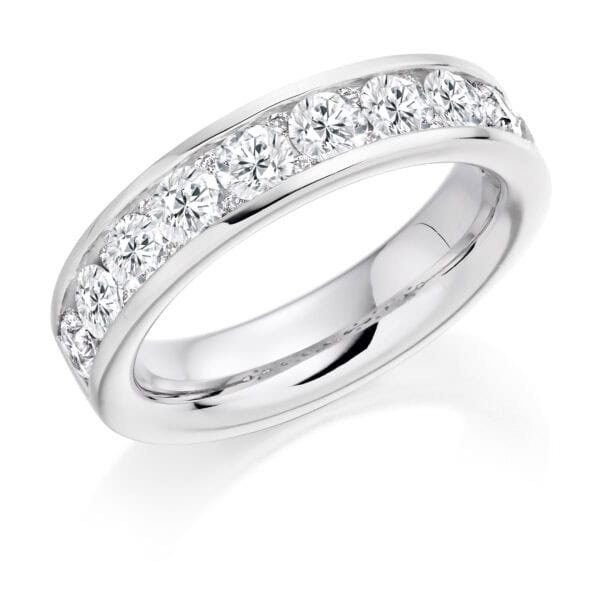 Round Brilliant Diamond Eternity Style Ring, Channel Set with Diamond Spacers with 50% Diamond Coverage, 4.8mm 1.6 Carat Total Diamond Weight