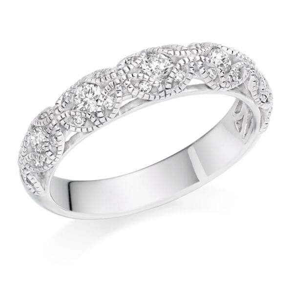 Round Brilliant Diamond Eternity Style Ring, Flush or Tension Set with a Milgrain Edge with 55% Diamond Coverage, 4.4mm 0.5 Carat Total Diamond Weight