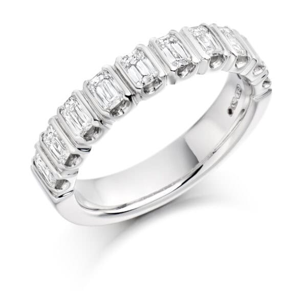 Crisscut Emerald Diamond Eternity Style Ring, Bar Set with 50% Diamond Coverage, 4.3mm 1 Carat Total Diamond Weight