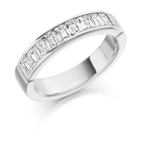 Crisscut Emerald Diamond Eternity Style Ring, Channel Set with 40% Diamond Coverage, 4.4mm 1 Carat Total Diamond Weight