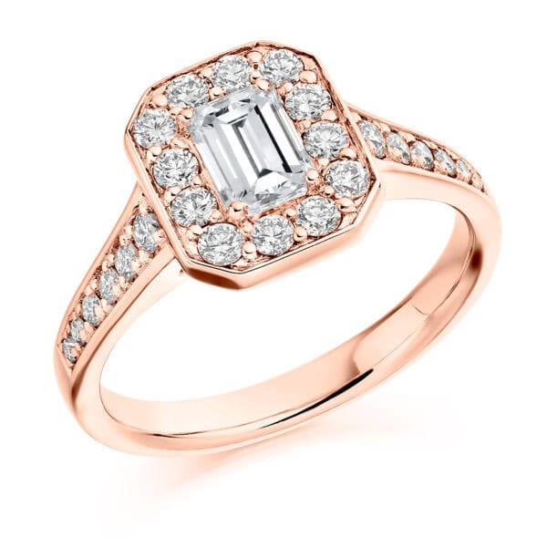 Emerald Cut Halo 0.75ct Diamond Engagement Ring with Diamond Set Shoulders - Image 3