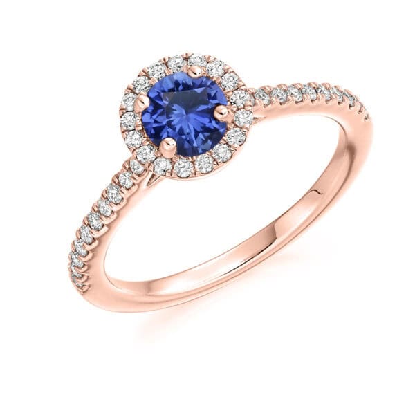 Blue Sapphire Round Brilliant Cluster 0.7ct Engagement Ring with Diamond Set Shoulders - Image 3