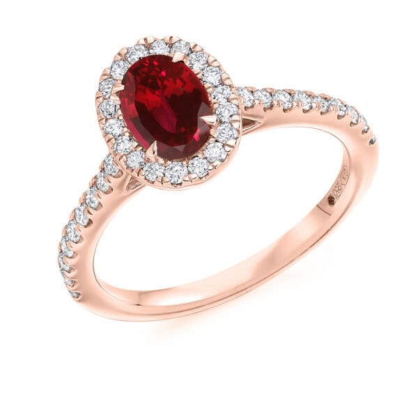 Ruby Oval Cut Cluster 1ct Engagement Ring with Diamond Set Shoulders - Image 3