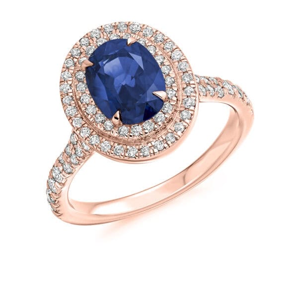 Blue Sapphire Oval Cut Cluster 1.45ct Engagement Ring with Diamond Set Shoulders - Image 3