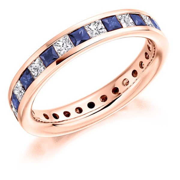 Blue Sapphire and Diamond Princess Cut Channel Set Full Eternity Ring with 100% Diamond Coverage - Image 3