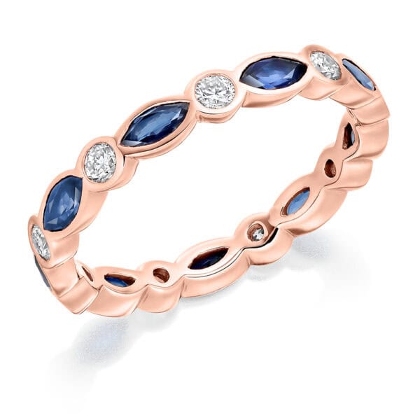 Blue Sapphire and Diamond Marquise Cut Rubover Set Full Eternity Ring with 100% Diamond Coverage - Image 3