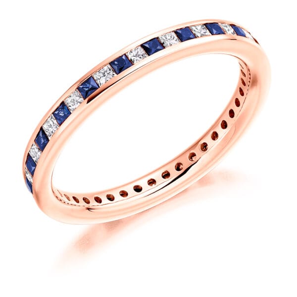 Blue Sapphire and Diamond Princess Cut Channel Set Full Eternity Ring with 100% Diamond Coverage - Image 3