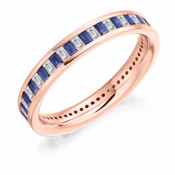 Blue Sapphire and Diamond Baguette Cut Channel Set Full Eternity Ring with 100% Diamond Coverage - Image 3