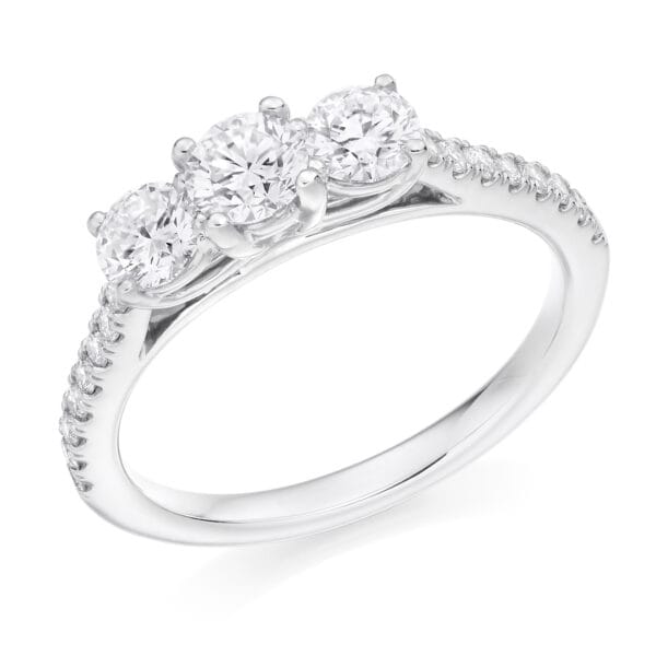 Trilogy Engagement Ring with Round Brilliant cut Diamonds with Diamond Set Shoulders