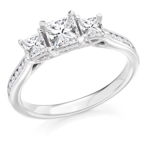 Princess Cut Trilogy Diamond Engagement Ring with Diamond Set Shoulders