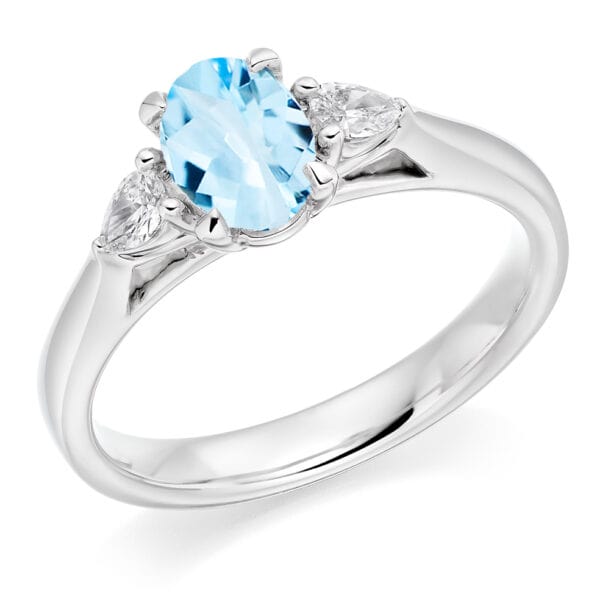Aquamarine and Diamond Oval Cut Trilogy Engagement Ring