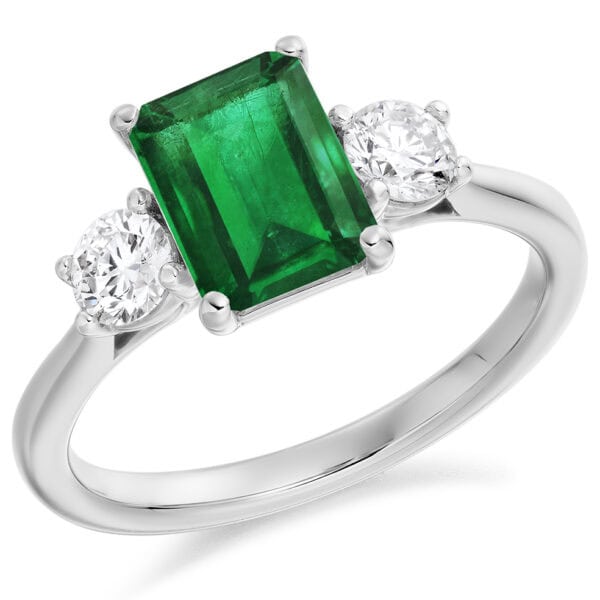 Emerald and Diamond Emerald Cut Trilogy Engagement Ring
