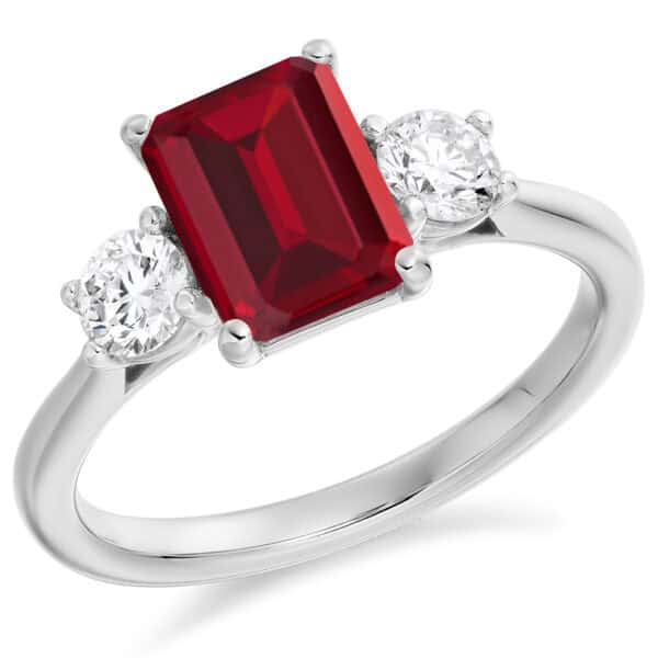 Ruby and Diamond Emerald Cut Trilogy Engagement Ring