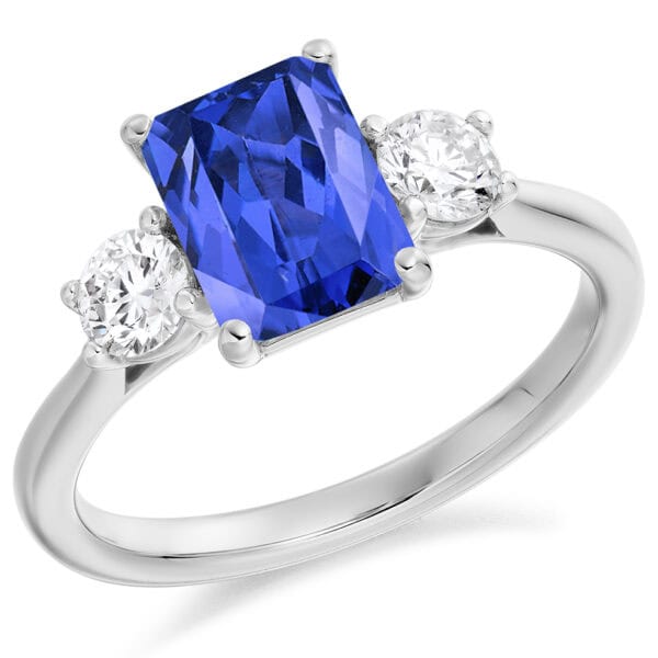 Tanzanite and Diamond Emerald Cut Trilogy Engagement Ring