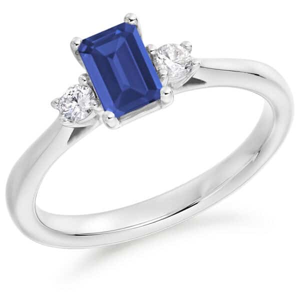 Blue Sapphire and Diamond Emerald Cut Trilogy Engagement Ring