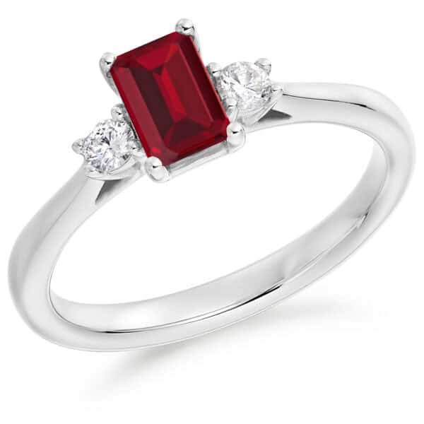 Ruby and Diamond Emerald Cut Trilogy Engagement Ring