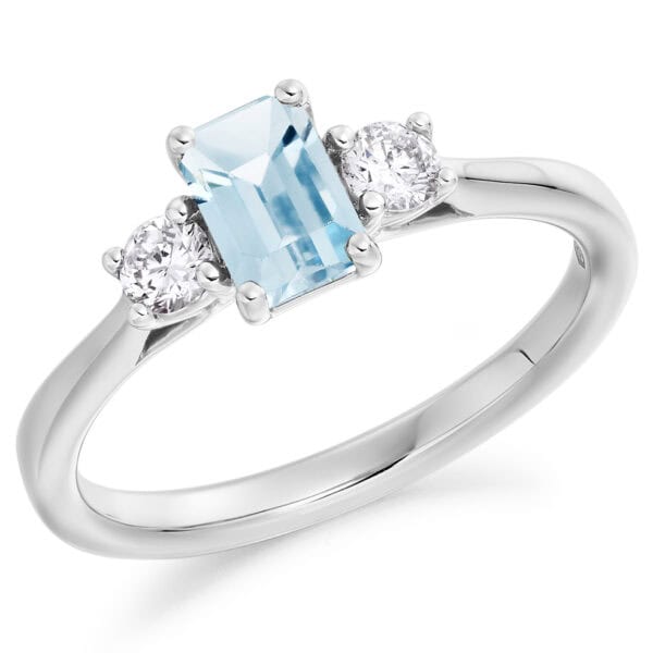 Aquamarine and Diamond Emerald Cut Trilogy Engagement Ring