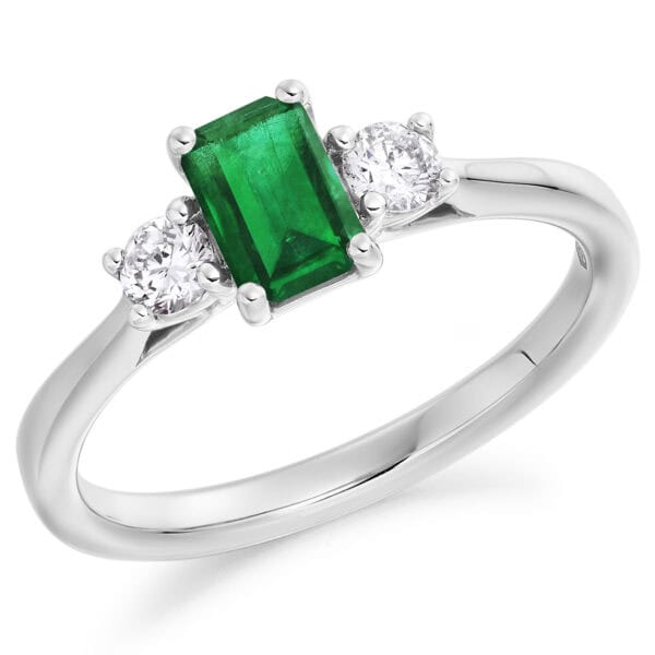 Emerald and Diamond Emerald Cut Trilogy Engagement Ring
