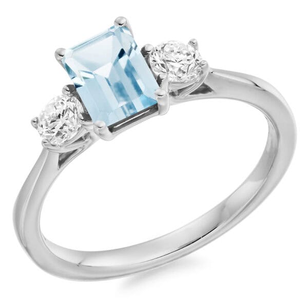 Aquamarine and Diamond Emerald Cut Trilogy Engagement Ring