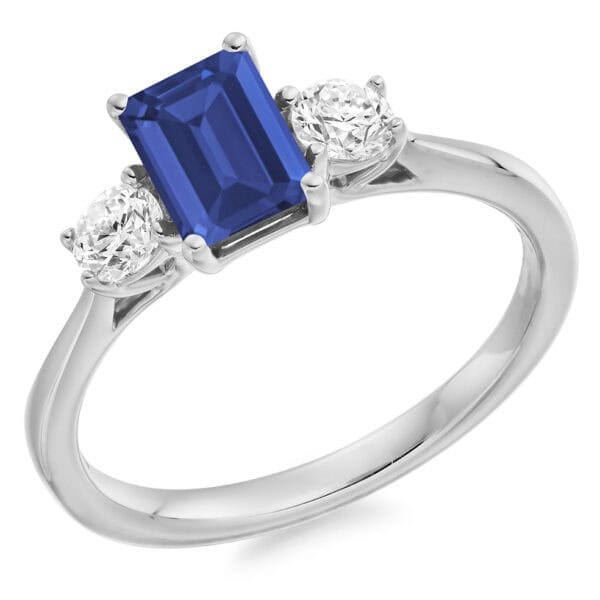 Blue Sapphire and Diamond Emerald Cut Trilogy Engagement Ring