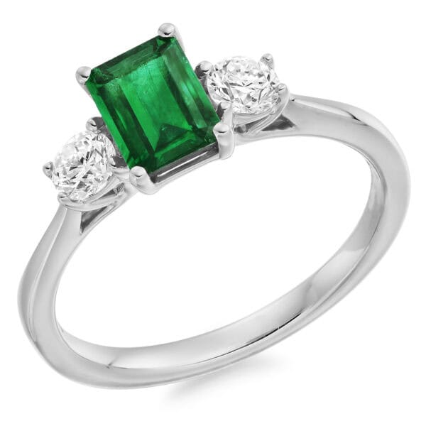 Emerald and Diamond Emerald Cut Trilogy Engagement Ring