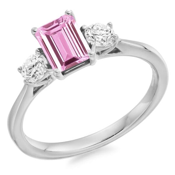 Pink Sapphire and Diamond Emerald Cut Trilogy Engagement Ring