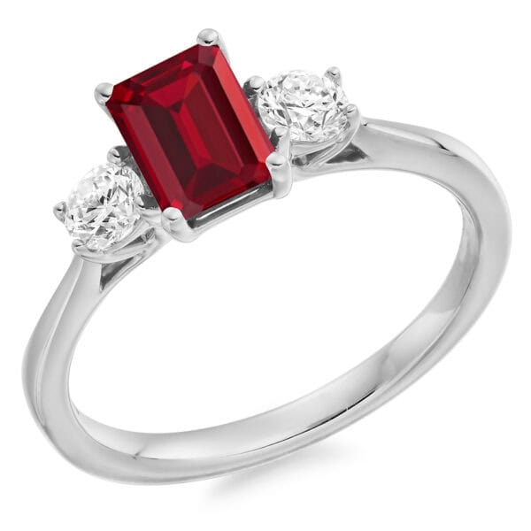 Ruby and Diamond Emerald Cut Trilogy Engagement Ring