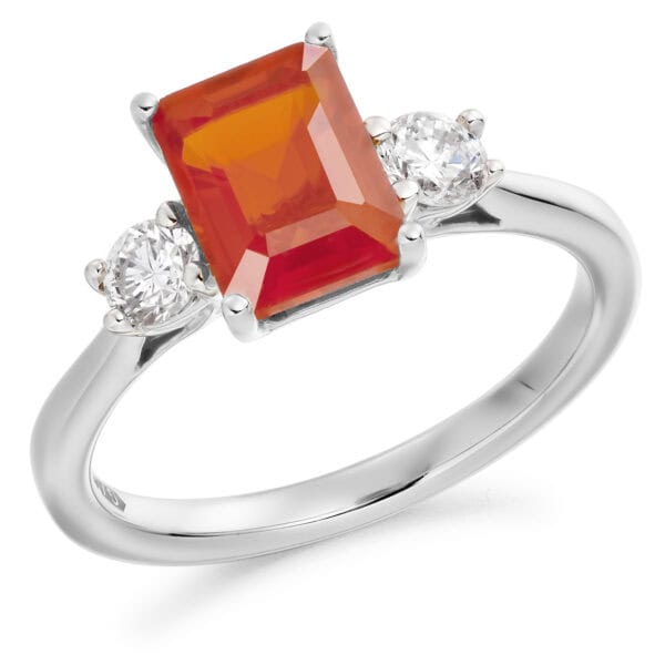 Fire Opal and Diamond Emerald Cut Trilogy Engagement Ring