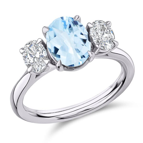 Aquamarine and Diamond Oval Cut Trilogy Engagement Ring