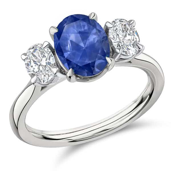 Blue Sapphire and Diamond  Oval Cut Trilogy Engagement Ring