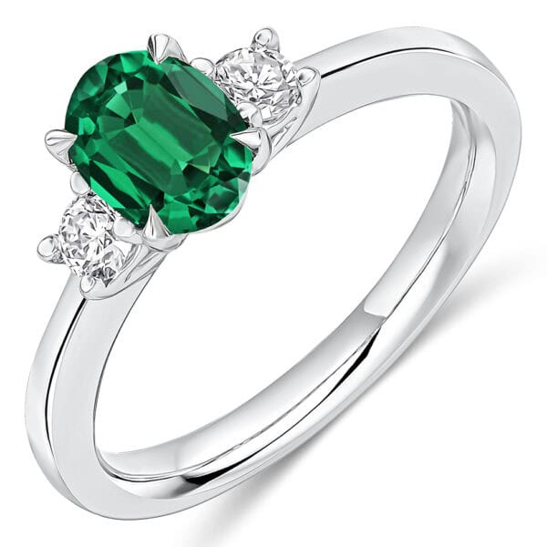 Emerald and Diamond Oval Cut Trilogy Engagement Ring