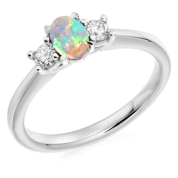 Opal and Diamond Oval Cut Trilogy Engagement Ring