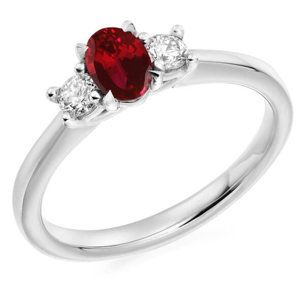 Ruby and Diamond Oval Cut Trilogy Engagement Ring
