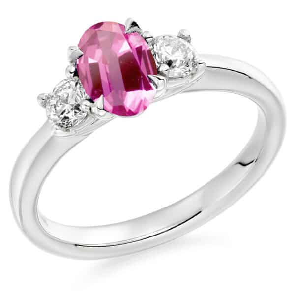 Pink Sapphire and Diamond Oval Cut Trilogy Engagement Ring