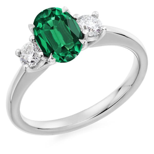 Emerald and Diamond  Oval Cut Trilogy Engagement Ring