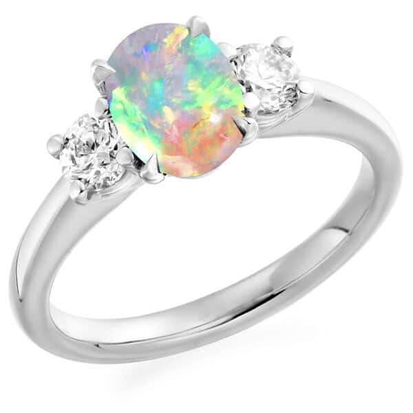 Opal and Diamond Oval Cut Trilogy Engagement Ring