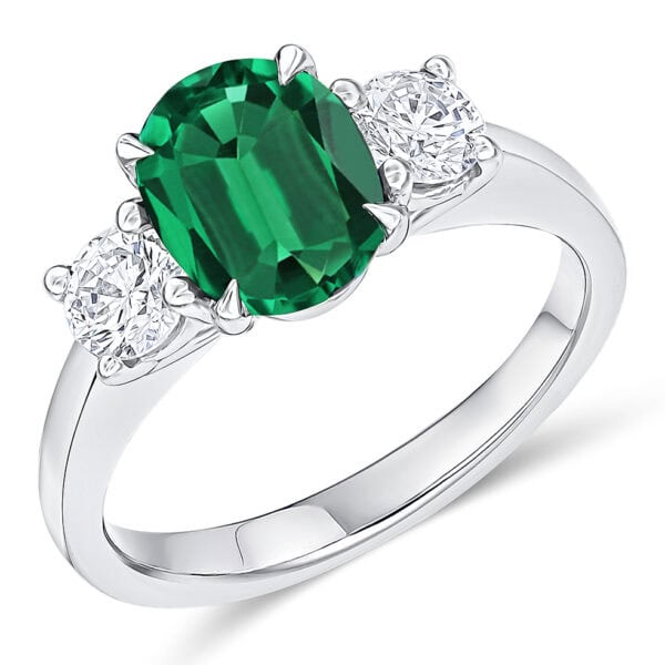 Emerald and Diamond Oval Cut Trilogy Engagement Ring