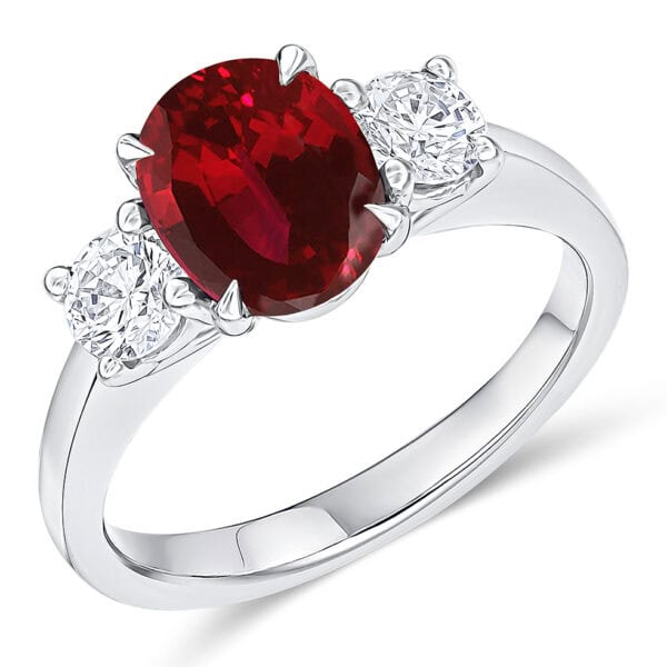 Ruby and Diamond Oval Cut Trilogy Engagement Ring