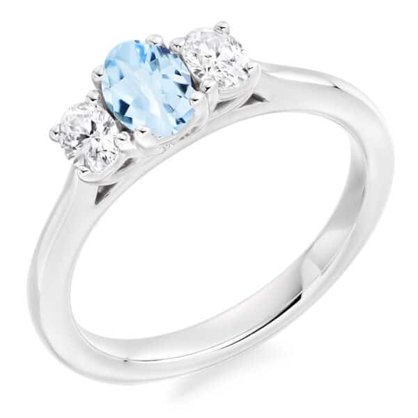 Aquamarine and Diamond Oval Cut Trilogy Engagement Ring