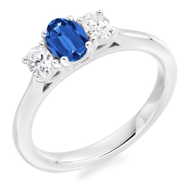 Blue Sapphire and Diamond Oval Cut Trilogy Engagement Ring
